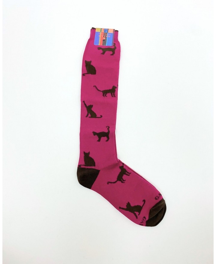 Gallo - fuchsia cat patterned women's long socks AP514322 13777