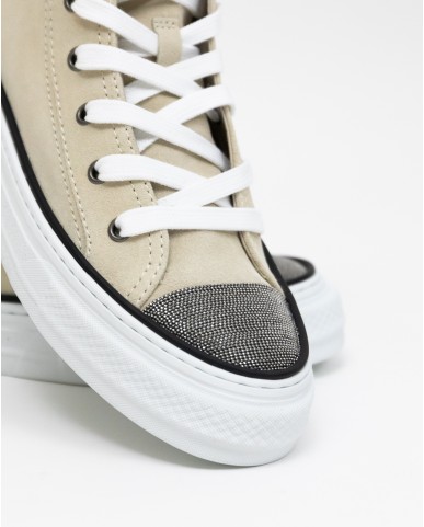 Brunello Cucinelli - Scarpe Sneakers Alte in Camoscio Avorio Donna MZSFG2617 CQF25