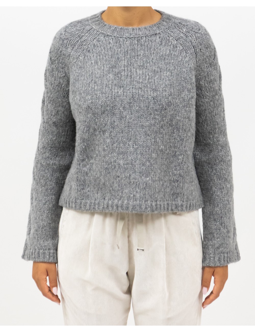 Roberto Collina - Women's Gray Cable-Knit Crew Neck Sweater F47101 18 GRIGIO I25