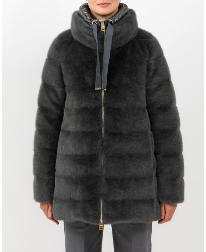 Herno - Women's Long Padded Eco Fur Coat in Anthracite  PI002123D 12630 9480 I25