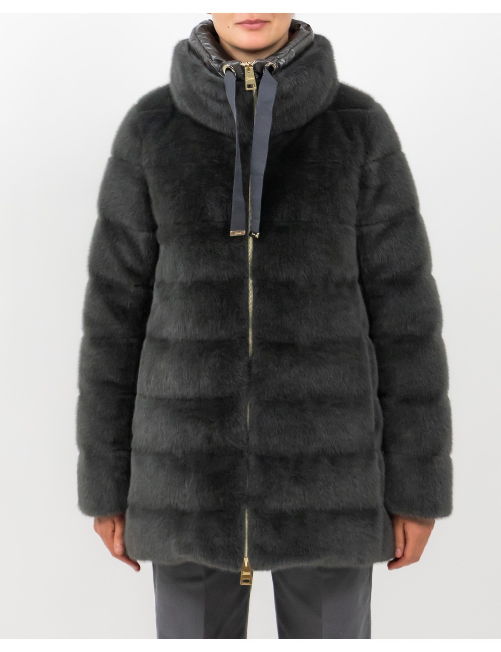 Herno - Women's Long Padded Eco Fur Coat in Anthracite  PI002123D 12630 9480 I25