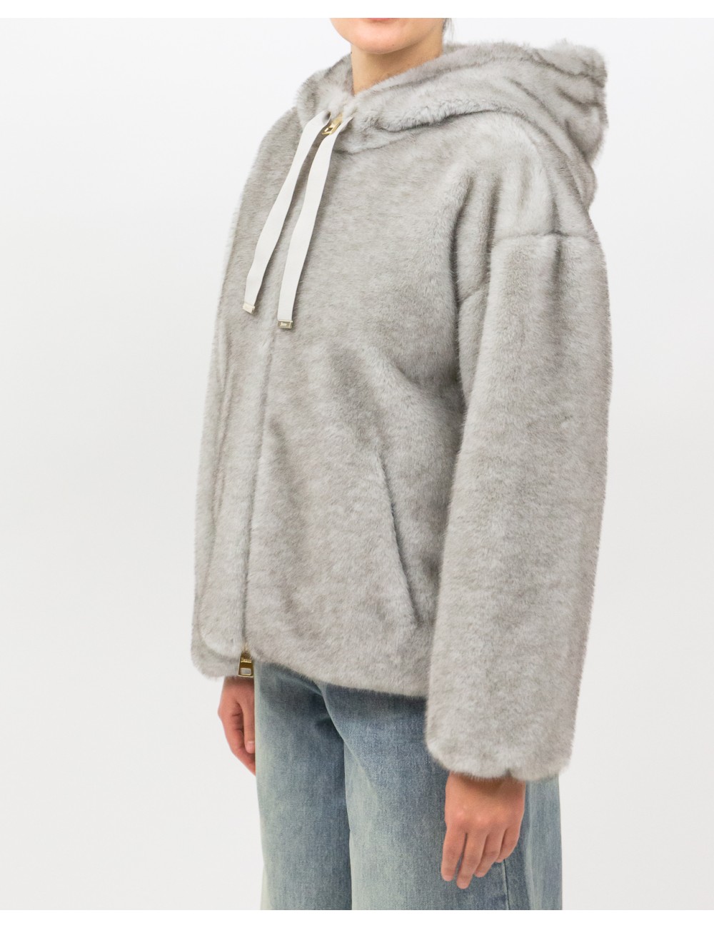 Herno - Women's Short Gray Fur Bomber Jacket GI000318D 12739 9410 I25