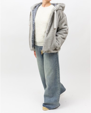 Herno - Women's Short Gray Fur Bomber Jacket GI000318D 12739 9410 I25