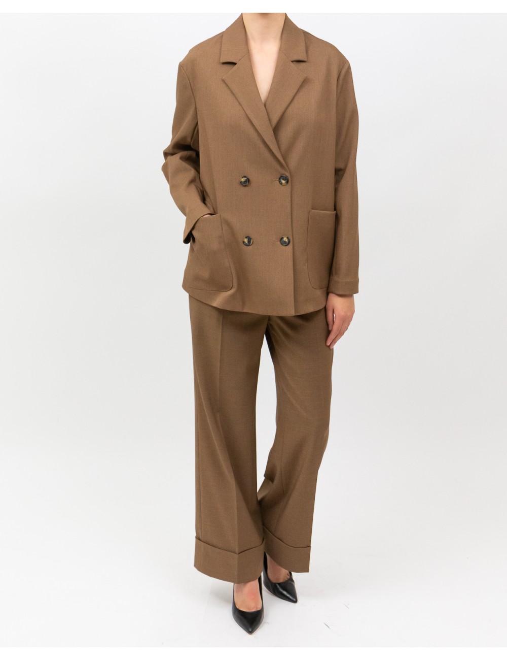 Inès - Women's Tobacco Double-Breasted Jacket with Slit 4010 4334 43 I25