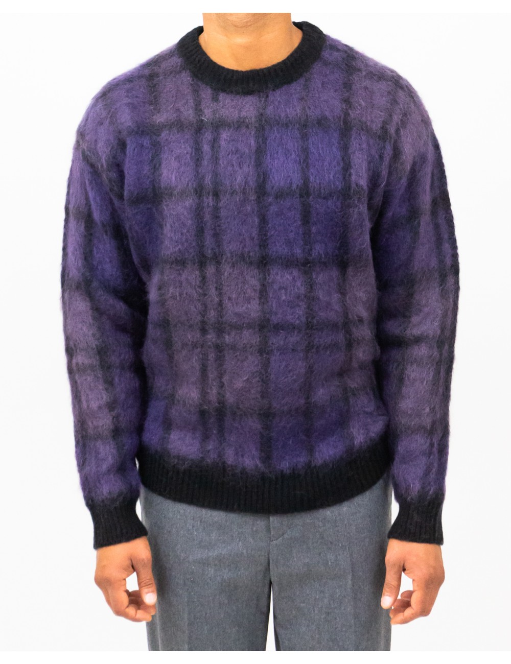 Roberto Collina - Men's Purple Checkered Crew Neck Sweater M15001 09 NERO I25
