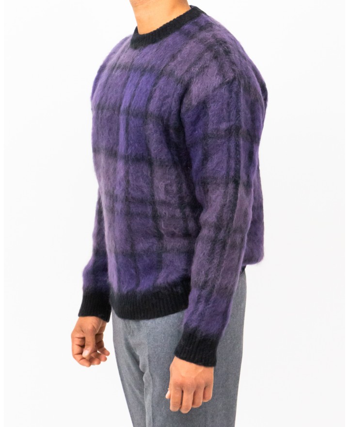 Roberto Collina - Men's Purple Checkered Crew Neck Sweater M15001 09 NERO I25