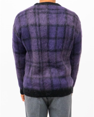 Roberto Collina - Men's Purple Checkered Crew Neck Sweater M15001 09 NERO I25