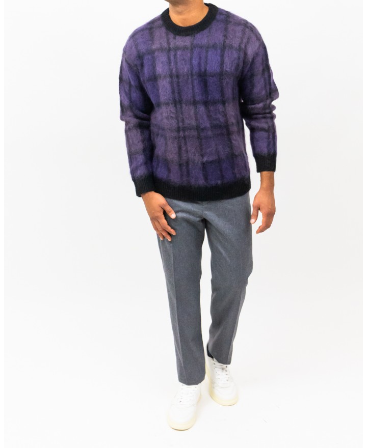 Roberto Collina - Men's Purple Checkered Crew Neck Sweater M15001 09 NERO I25