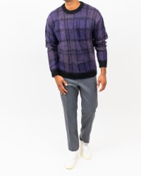Roberto Collina - Men's Purple Checkered Crew Neck Sweater M15001 09 NERO I25