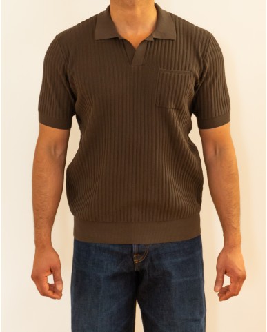 Roberto Collina - Men's Brown Ribbed Polo Shirt A13124 08 MORO P26