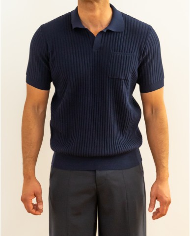 Roberto Collina - Men's Blue Ribbed Polo Shirt A13124 10 NAVY P26