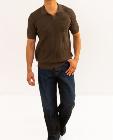 Roberto Collina - Men's Brown Ribbed Polo Shirt A13124 08 MORO P26