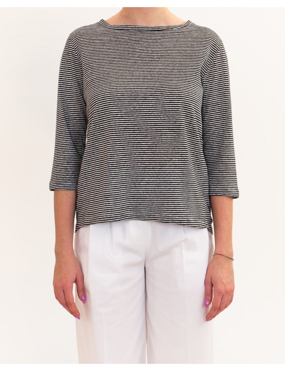 Aragona - Maglia Righe Nero/Beige Donna D3369TR 1425 BIA/NE P26