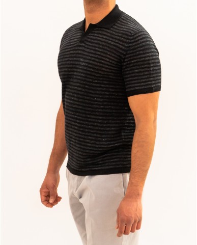 Roberto Collina - Men's Black Striped Polo Shirt A21024 09 NERO P26