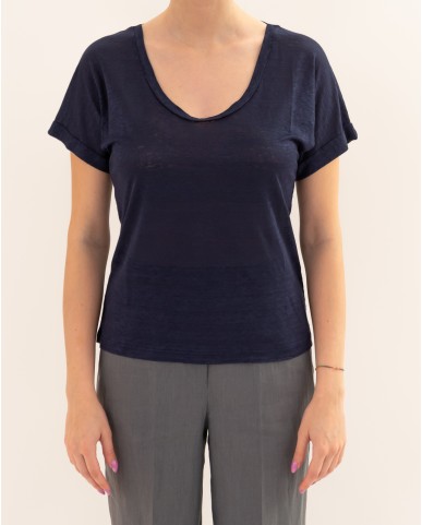 Aragona - Women's Blue Linen V-Neck T-Shirt D3367TP 130 BLU P26