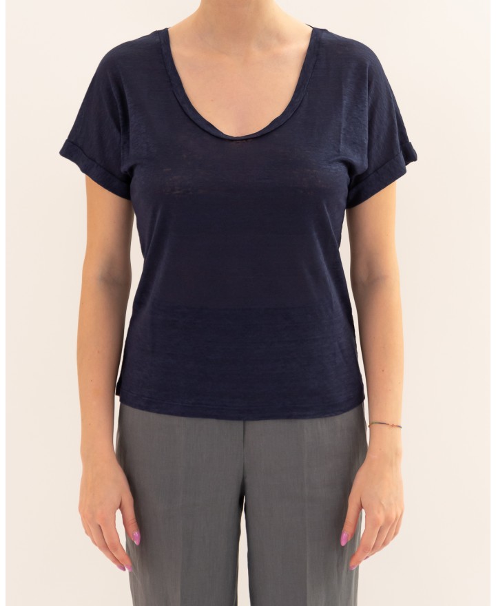 Aragona - Women's Blue Linen V-Neck T-Shirt D3367TP 130 BLU P26