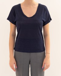 Aragona - Women's Blue Linen V-Neck T-Shirt D3367TP 130 BLU P26