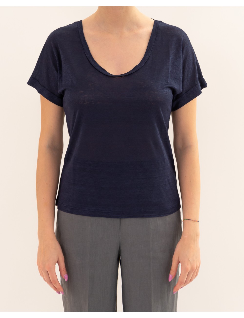 Aragona - Women's Blue Linen V-Neck T-Shirt D3367TP 130 BLU P26