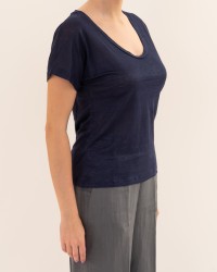 Aragona - Women's Blue Linen V-Neck T-Shirt D3367TP 130 BLU P26