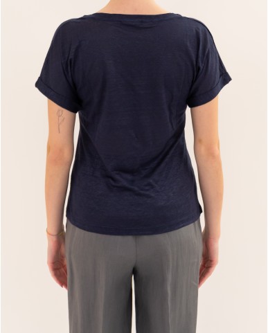 Aragona - Women's Blue Linen V-Neck T-Shirt D3367TP 130 BLU P26