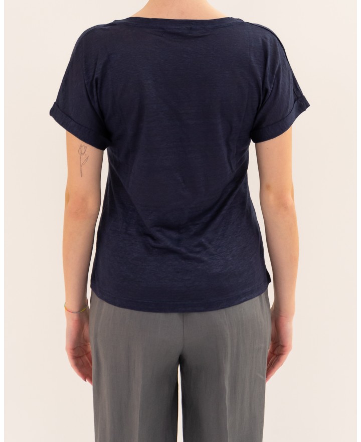 Aragona - Women's Blue Linen V-Neck T-Shirt D3367TP 130 BLU P26