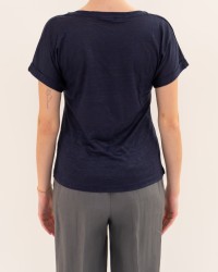 Aragona - Women's Blue Linen V-Neck T-Shirt D3367TP 130 BLU P26