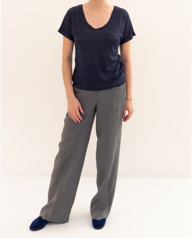 Aragona - Women's Blue Linen V-Neck T-Shirt D3367TP 130 BLU P26