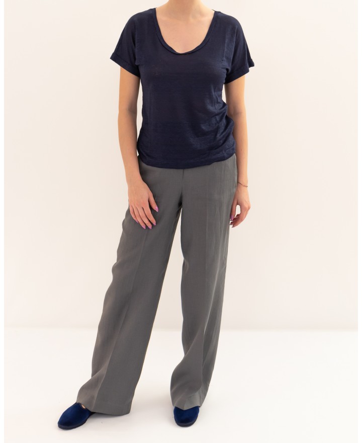 Aragona - Women's Blue Linen V-Neck T-Shirt D3367TP 130 BLU P26