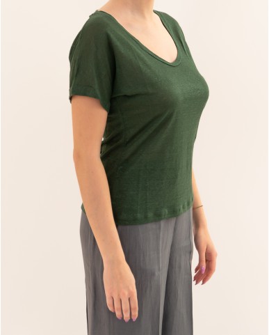 Aragona - Women's Linen Green V-Neck T-Shirt D3367TP 845 VERDE P26