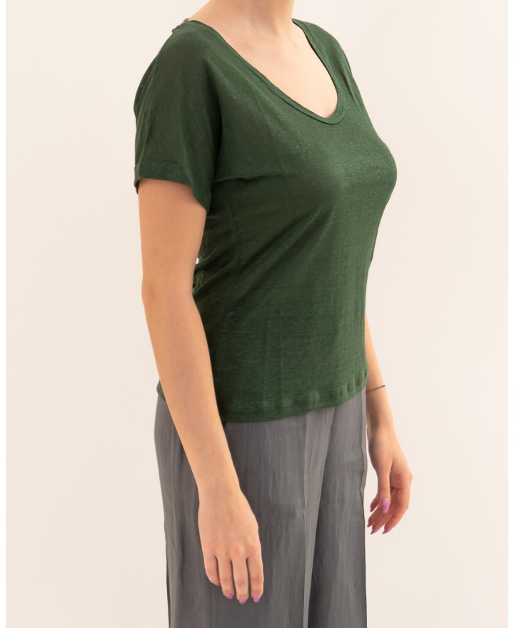 Aragona - Women's Linen Green V-Neck T-Shirt D3367TP 845 VERDE P26