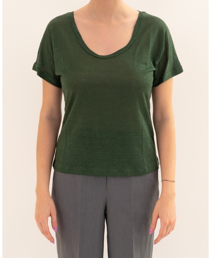 Aragona - Women's Linen Green V-Neck T-Shirt D3367TP 845 VERDE P26
