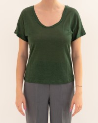 Aragona - Women's Linen Green V-Neck T-Shirt D3367TP 845 VERDE P26