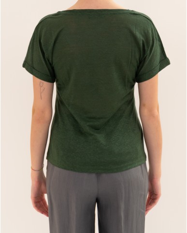 Aragona - Women's Linen Green V-Neck T-Shirt D3367TP 845 VERDE P26