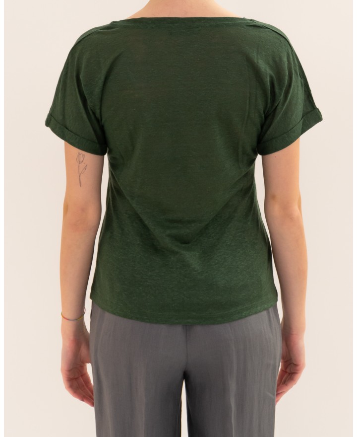 Aragona - Women's Linen Green V-Neck T-Shirt D3367TP 845 VERDE P26
