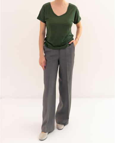 Aragona - Women's Linen Green V-Neck T-Shirt D3367TP 845 VERDE P26