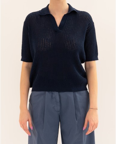 Roberto Collina - Women's Blue Openwork Polo Shirt A20024 10 NAVY P26